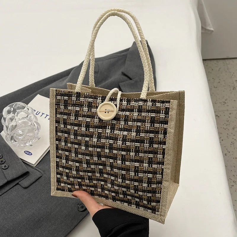 Retro Braided Pattern Jute Tote Bag Large Capacity Grocery Bag Women Handbag Beach Organizer Portable Shopping Bag Lunch Bag