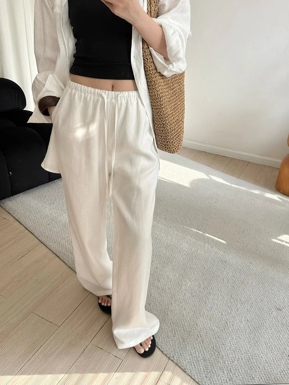 Slack Linen Wide-leg Pants Summer Loose Versatile Drawstring Straight White Casual Trousers Korean Fashion