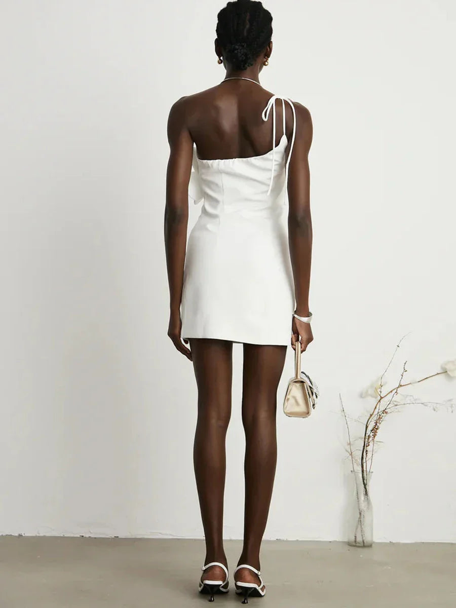 Patchwork Appliques Mini Dresses Diagonal Collar