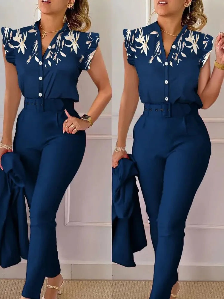Women's Elegant 2-Piece Set – Printed Long Sleeve Shirt & High-Waist Pants, Casual Spring/Autumn Fashion