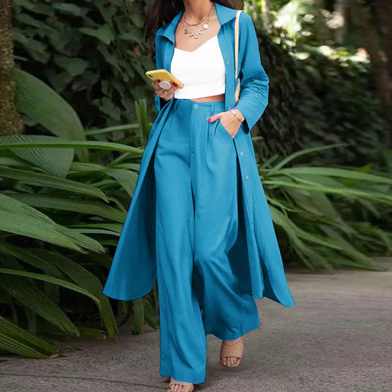 Women's Two Piece Pant Set With Wide Leg Pants And Long Sleeve Shirt