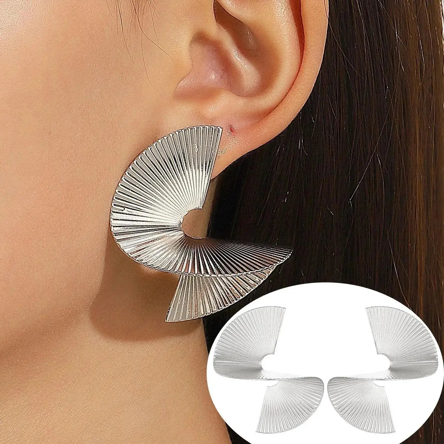 Vintage Pleated Geometric Earrings – Stainless Steel Statement Studs