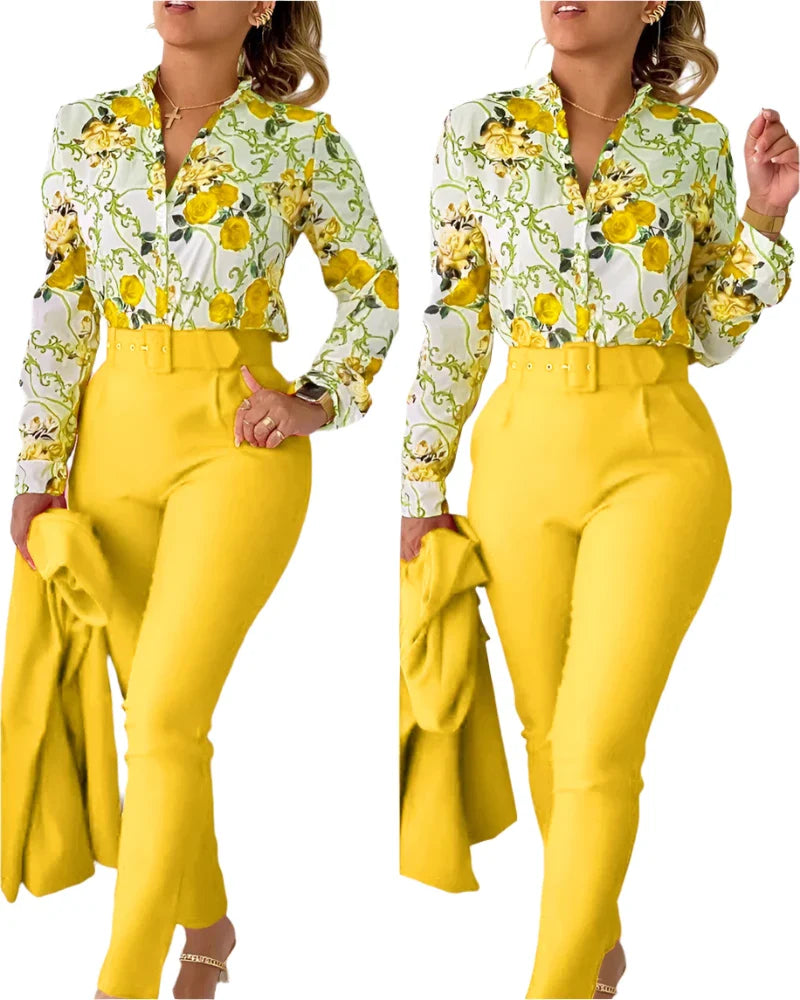 Women's Elegant 2-Piece Set – Printed Long Sleeve Shirt & High-Waist Pants, Casual Spring/Autumn Fashion