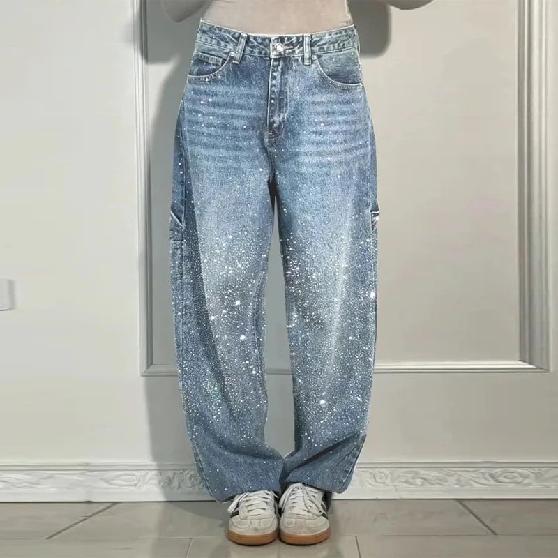Crystal-Embellished Wide Leg Jeans – 90s Revival Denim