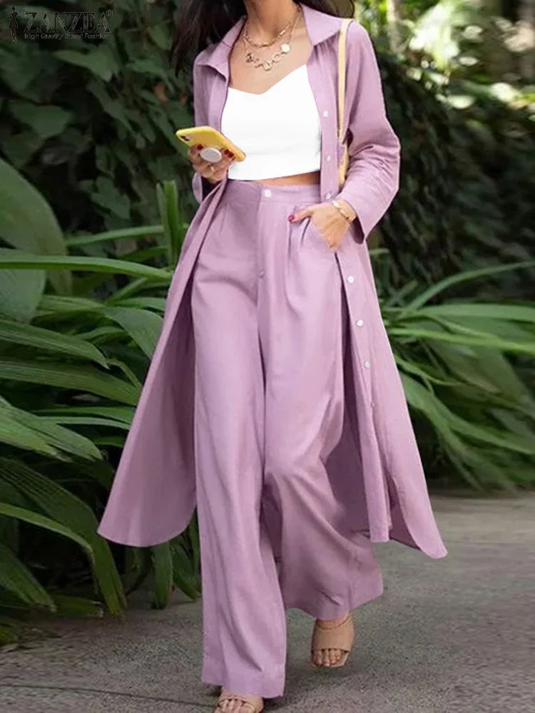 Women's Two Piece Pant Set With Wide Leg Pants And Long Sleeve Shirt