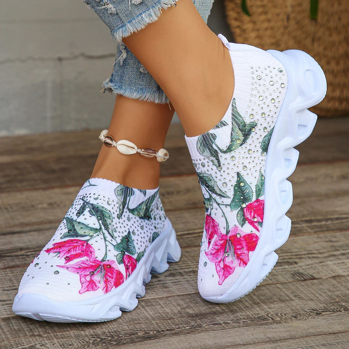 Crystal Floral Women's Knitted Sneakers Summer 2024 New Breathable Air Mesh Casual Shoes Woman Light Weight Walking Sports Flats