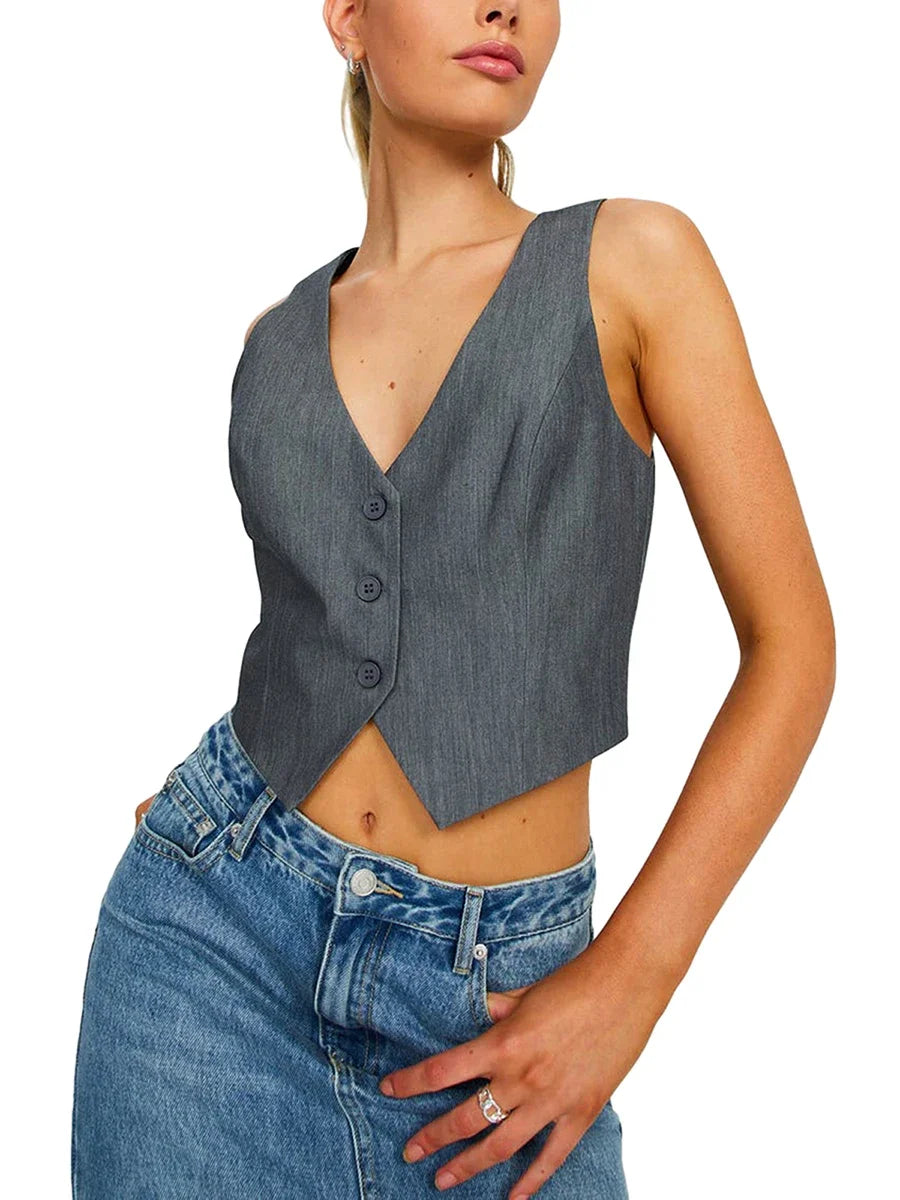 Women's Fashion Black Sleeveless Vests Casual V Neck Button Waistcoat Formal Business Tuxedo Shirt Slim Fit Cropped Blazer Vests