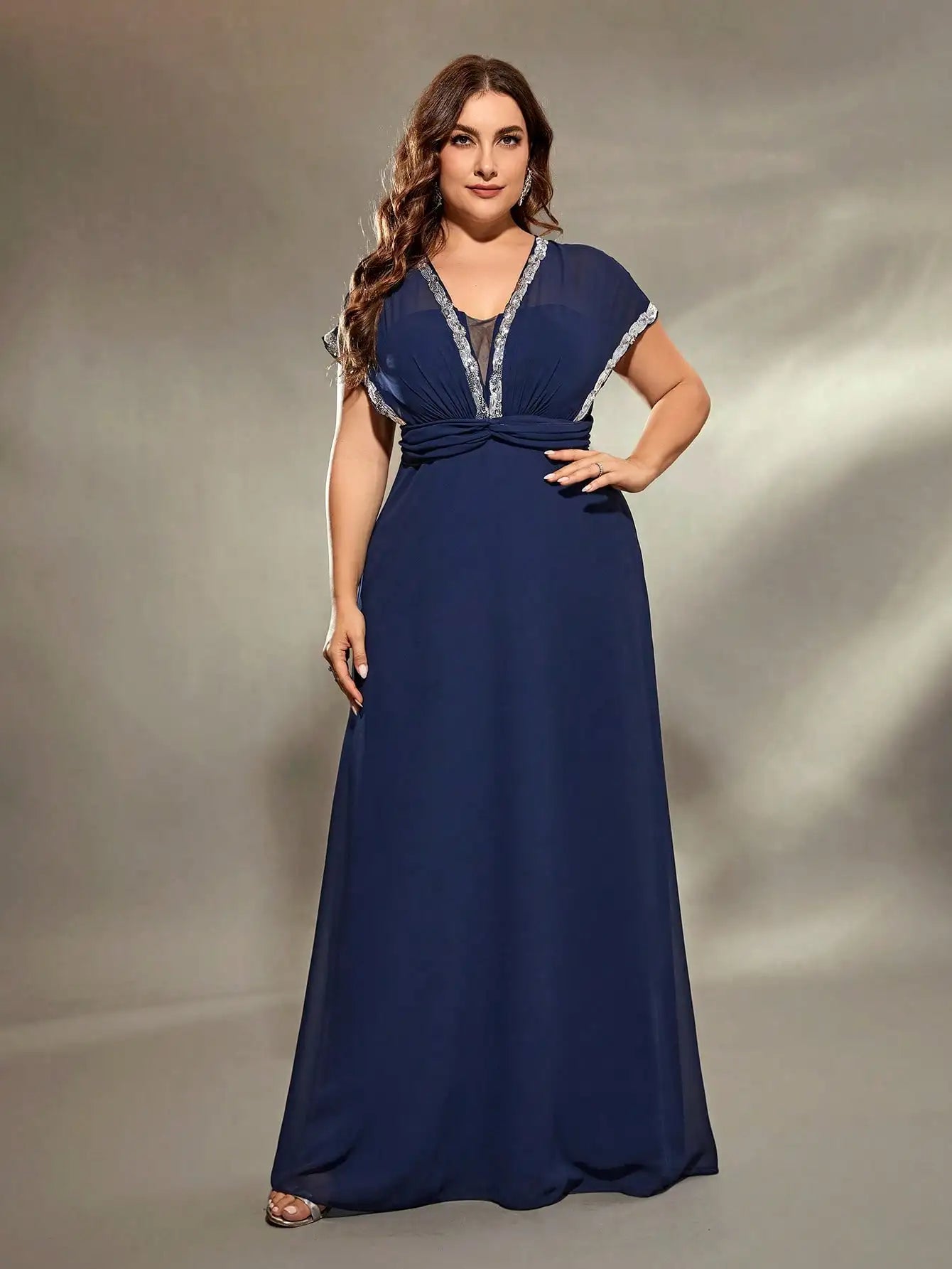 Plus Size Silver Sequin Lace A-Line Gown
