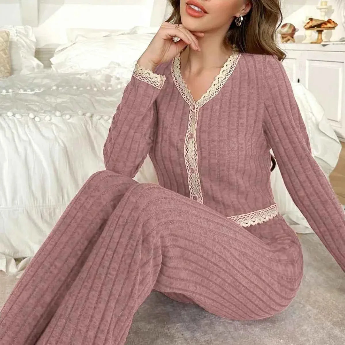 Women's Two-Piece Solid Casual Pyjama Set