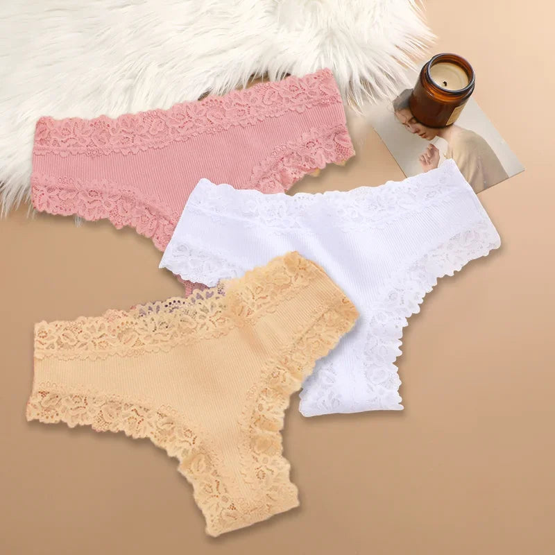 3PCS Women Cotton Lace Panties – Floral Patchwork Soft Briefs, Trendy Intimate Underwear Lingerie S-XL