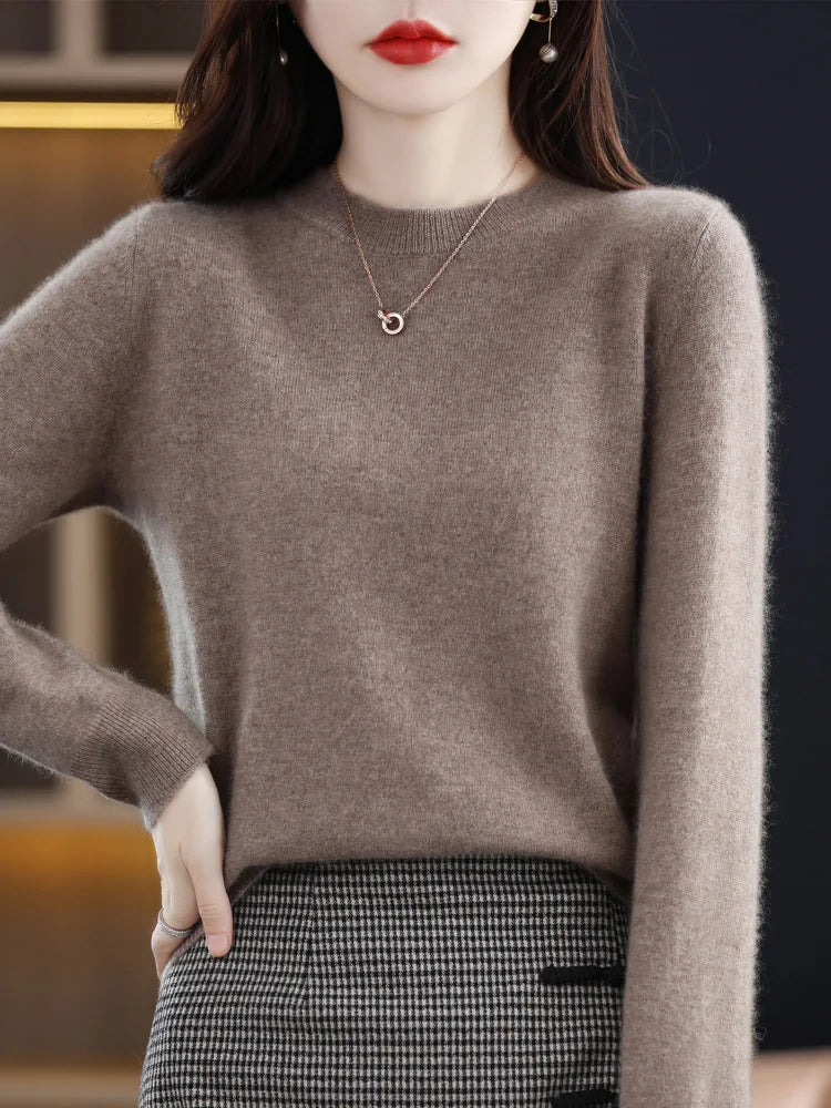 Fashion 100% Merino Wool Women's Sweater O-Neck Long Sleeve Pullover Spring Autumn Winter Basic Jumper Clothing Knitwear Tops