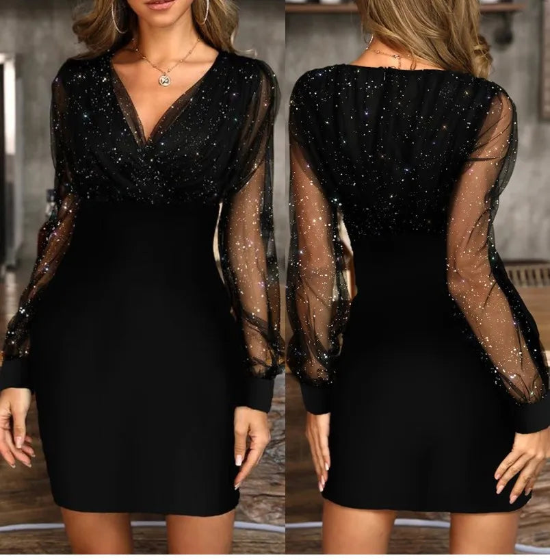 Sexy V-Neck See Through Long Sleeve Dress Women Spring Autumn Party Mini Dresses