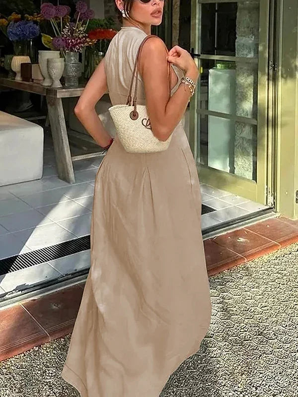 UOOZEE Office Lady Commute Pleated A-line Dress 2025 New Summer Fashion Solid Color Sleeveless Zipper Evening Maxi Dresses