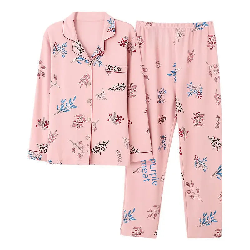 Autumn Women's 100% Cotton Long Sleeve Pajama Set Middle-aged Elderly Thin Cardigan Suitable For Home Wear