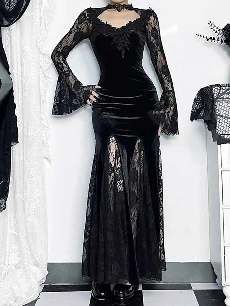 AltGoth Gothic Midi Dress - Elegant Lace Patchwork & Sheer Flare Sleeves, High-Waisted Clubwear for a Stunning Look