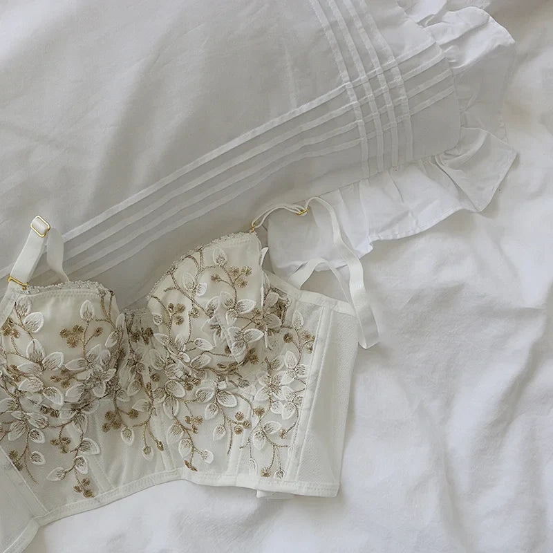 3D Embroidered Sexy Lace Fish Bone Corset Bralette with Steel Ring - 2/1 Half Cup Underwear