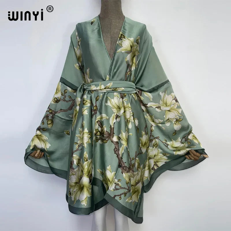 WINYI Summer Beach Wear Swim Suit Cover kaftan sweet lady boho Cardigan stitch Self Belted sexy Holiday long Sleeve Kimono