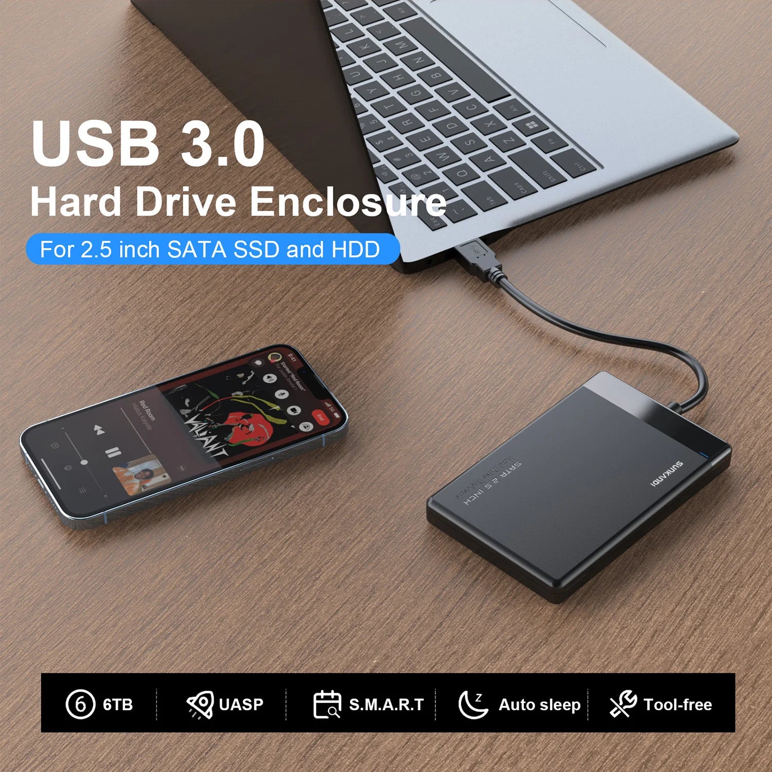 SUNKANDI 2.5" Hard Drive Enclosure USB 3.0 to SATA III Adapter Supports 2.5 Inch SSD HDD 9.5mm 7mm External Hard Drive Enclosure