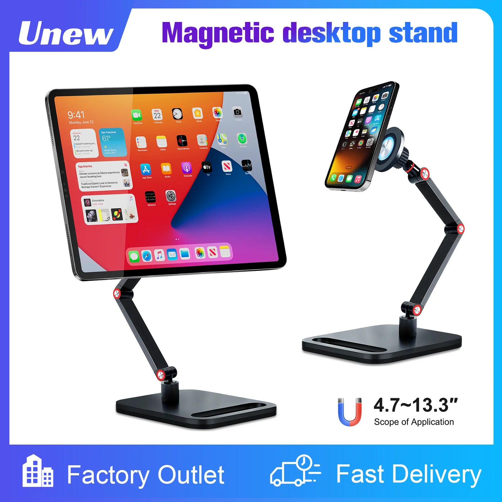 Magnetic 360° Rotating Phone Tablet Stand Aluminum Alloy 4.7-13.3" Portable Monitor Holder Strong Load Desktop Mount