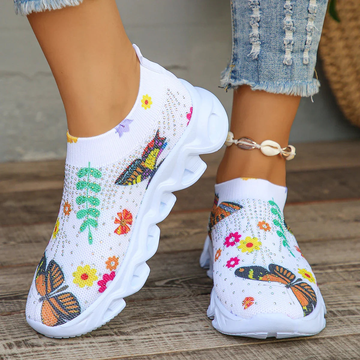 Crystal Floral Women's Knitted Sneakers Summer 2024 New Breathable Air Mesh Casual Shoes Woman Light Weight Walking Sports Flats