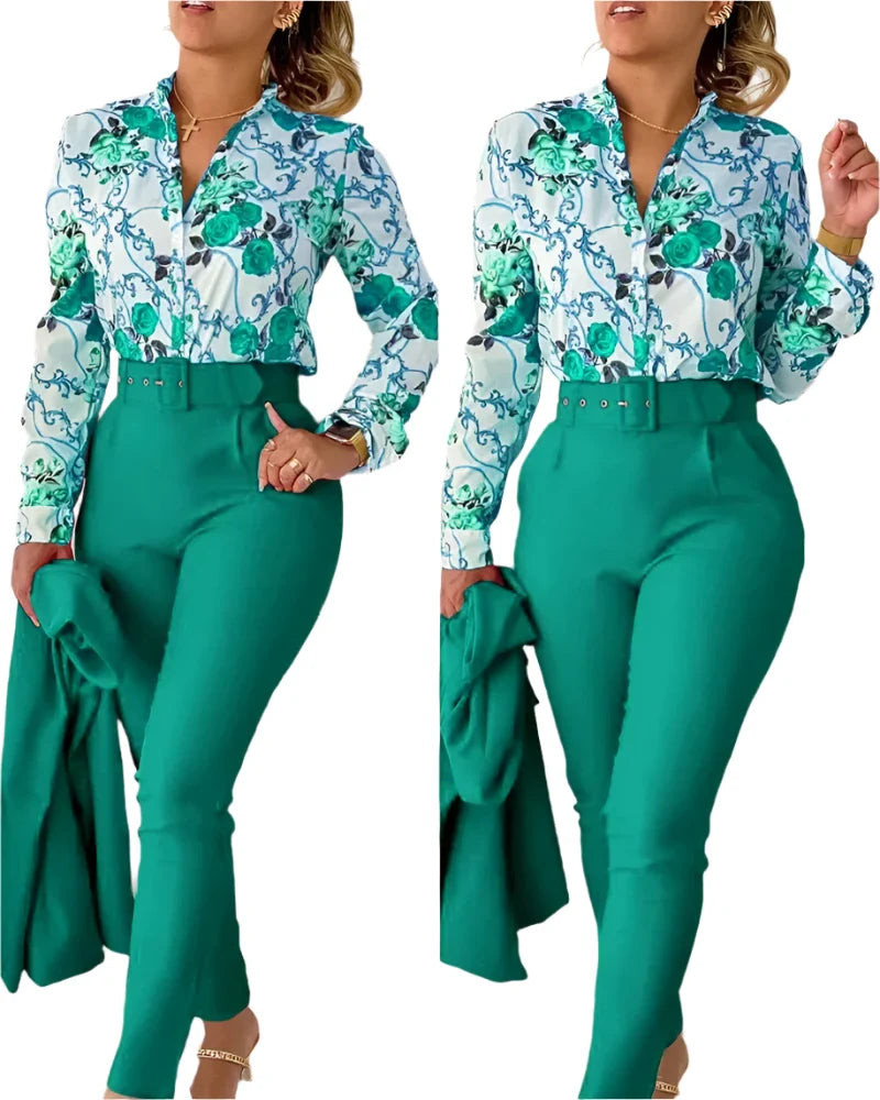 Women's Elegant 2-Piece Set – Printed Long Sleeve Shirt & High-Waist Pants, Casual Spring/Autumn Fashion