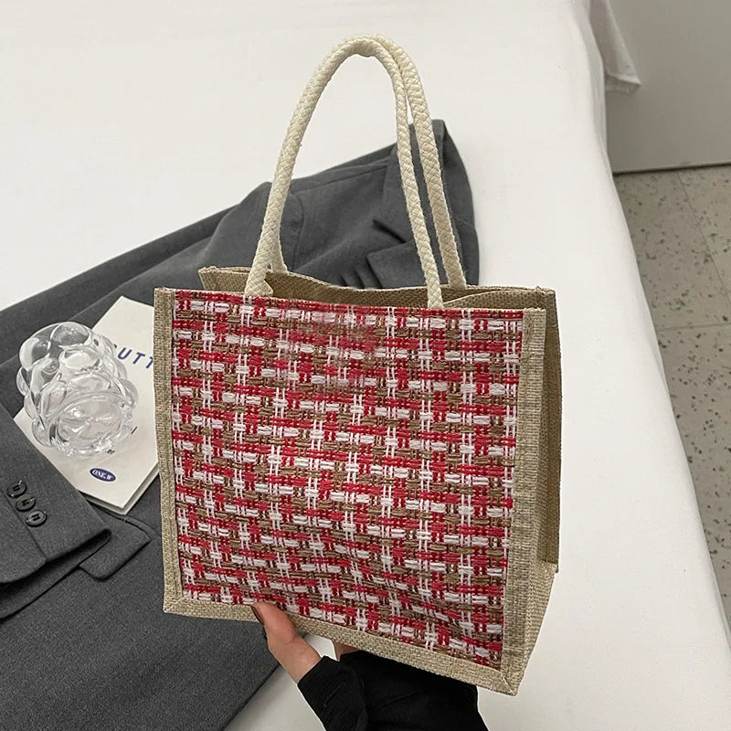 Retro Braided Pattern Jute Tote Bag Large Capacity Grocery Bag Women Handbag Beach Organizer Portable Shopping Bag Lunch Bag