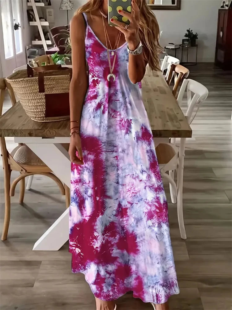 Abstract Print Maxi Dress, Casual Sleeveless Spaghetti Strap Dress, Women's Clothing