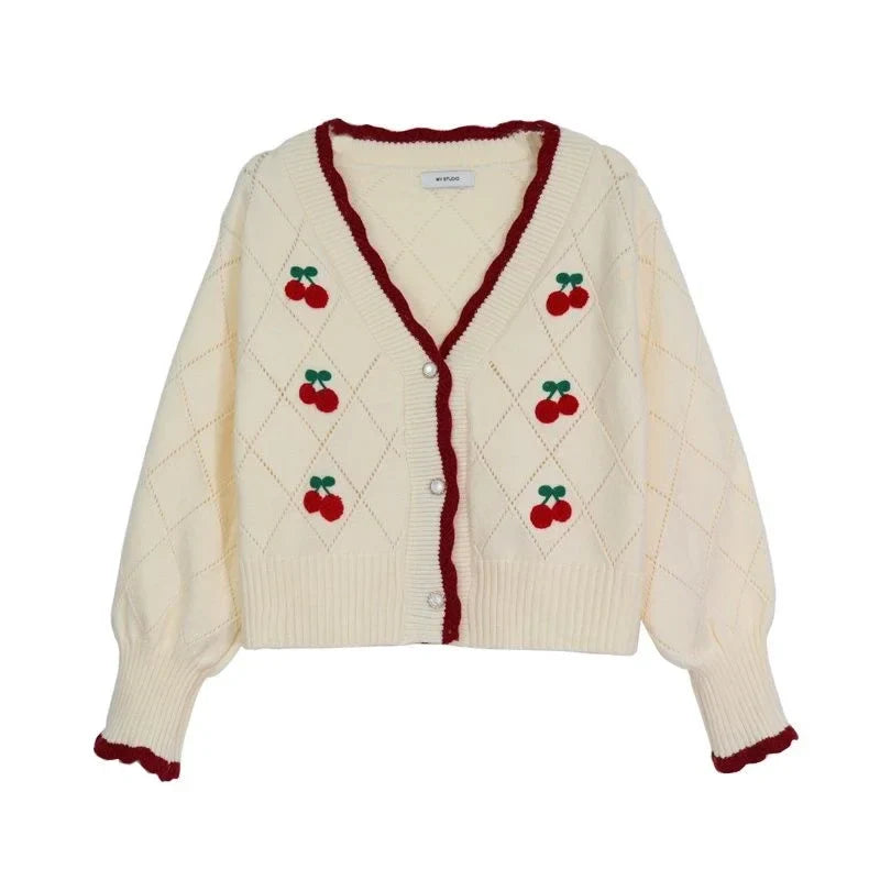 Women’s V-Neck Cherry Knit Cardigan – Long Sleeve Spring & Autumn Sweater