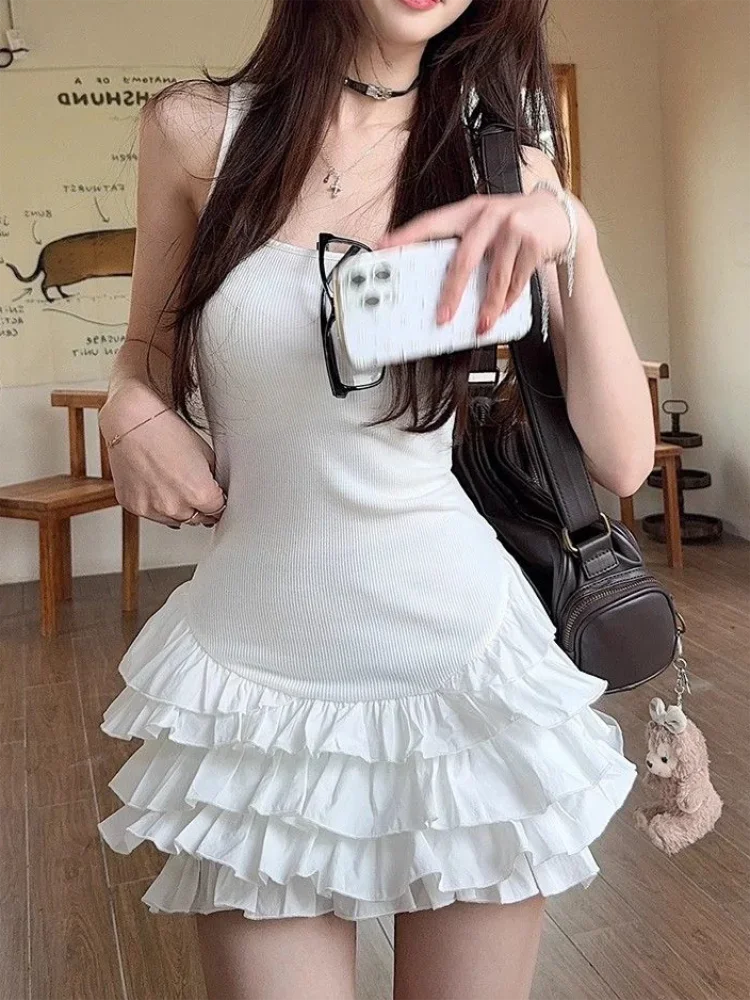 Sexy U-Neck Sleeveless Mini Dresses Fashion Women Summer New White Solid Y2K Ruffle Pleated Cake Bodycon Casual Party Vestidos