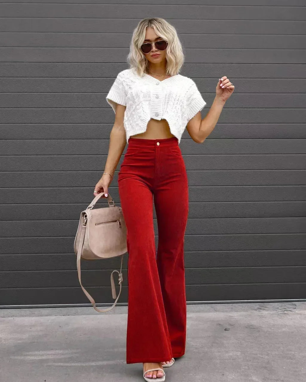 Women Corduroy Flared Pants Mid-Waist Slim Fit Bell-Bottom Trousers