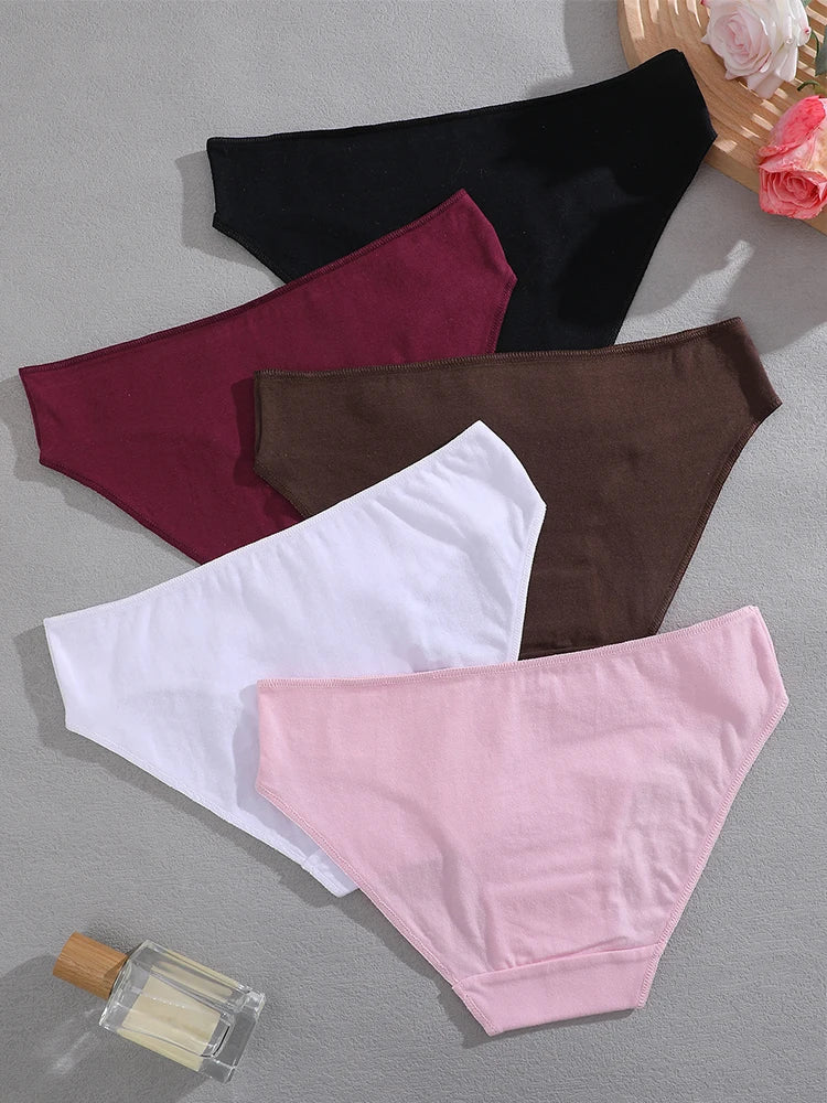 FINETOO 5PCS Set Women's Cotton Lingerie Panties S-XL Sexy Solid Color Underwear Briefs