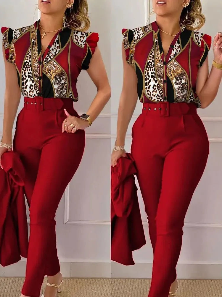 Women's Elegant 2-Piece Set – Printed Long Sleeve Shirt & High-Waist Pants, Casual Spring/Autumn Fashion