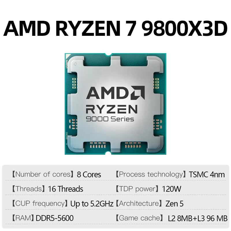 AMD Ryzen 7 9800X3D 100% Brand New AMD R7 9800X3D Max Boost 5.2GHz 8-Core 12-Thread 64MB Cache AM5 without Box for B850 X870