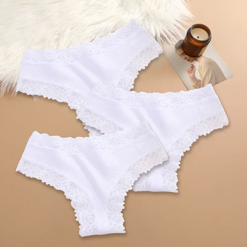 3PCS Women Cotton Lace Panties – Floral Patchwork Soft Briefs, Trendy Intimate Underwear Lingerie S-XL