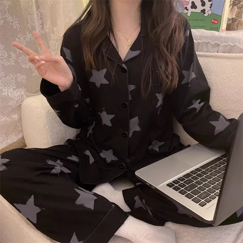 Spring and Autumn New Ladies Korean Pajamas Homewear Set Girls Students Long-Sleeved Pajamas Senior Sense of Homewear Set
