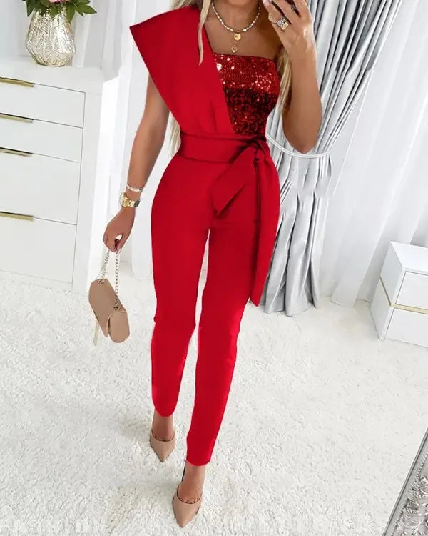 Women’s Jumpsuit Wedding Guest Elegant Sequins One Shoulder Bodycon
