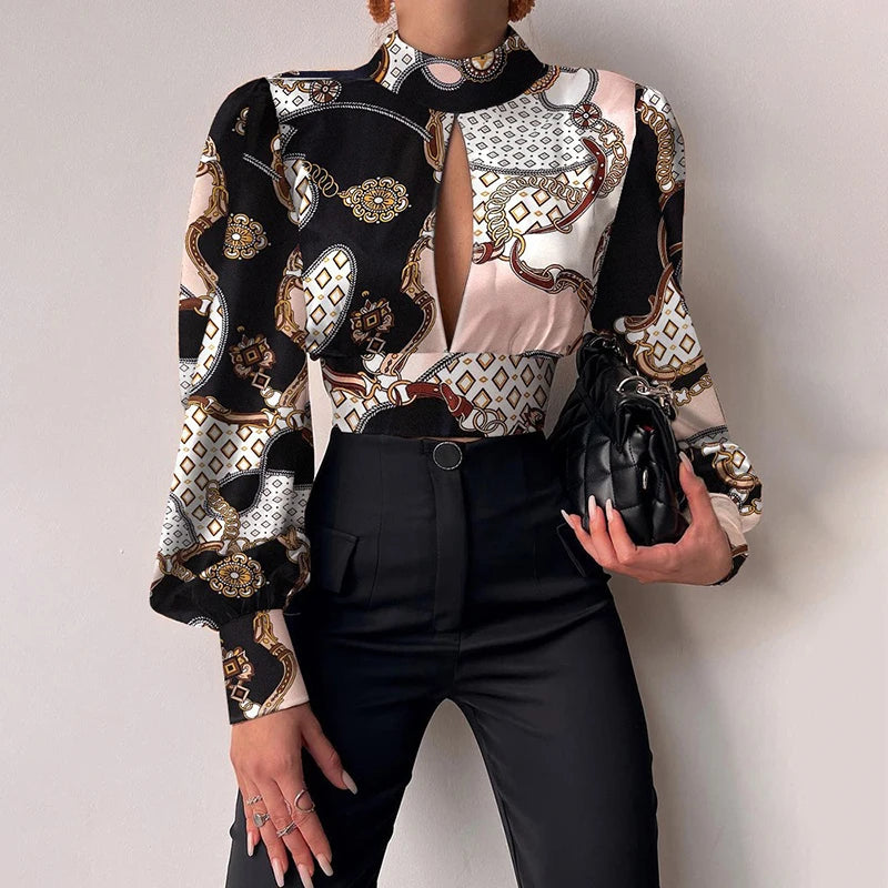 Spring Women Sexy Backless Hollow Print Shirts Tops  Casual Stand Long Sleeve Office Lady Blouses Fashion Party Crop Top