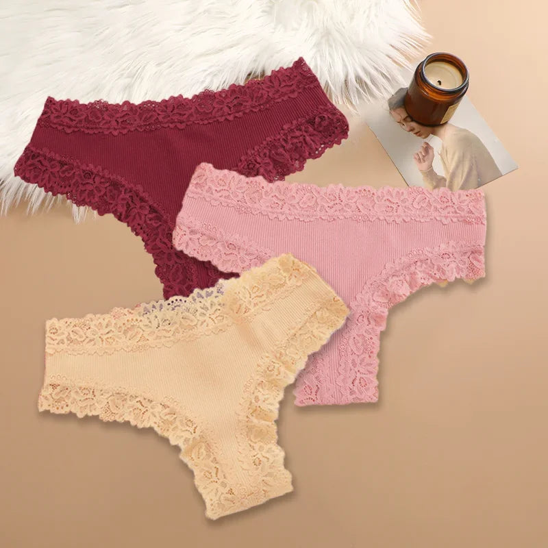 3PCS Women Cotton Lace Panties – Floral Patchwork Soft Briefs, Trendy Intimate Underwear Lingerie S-XL