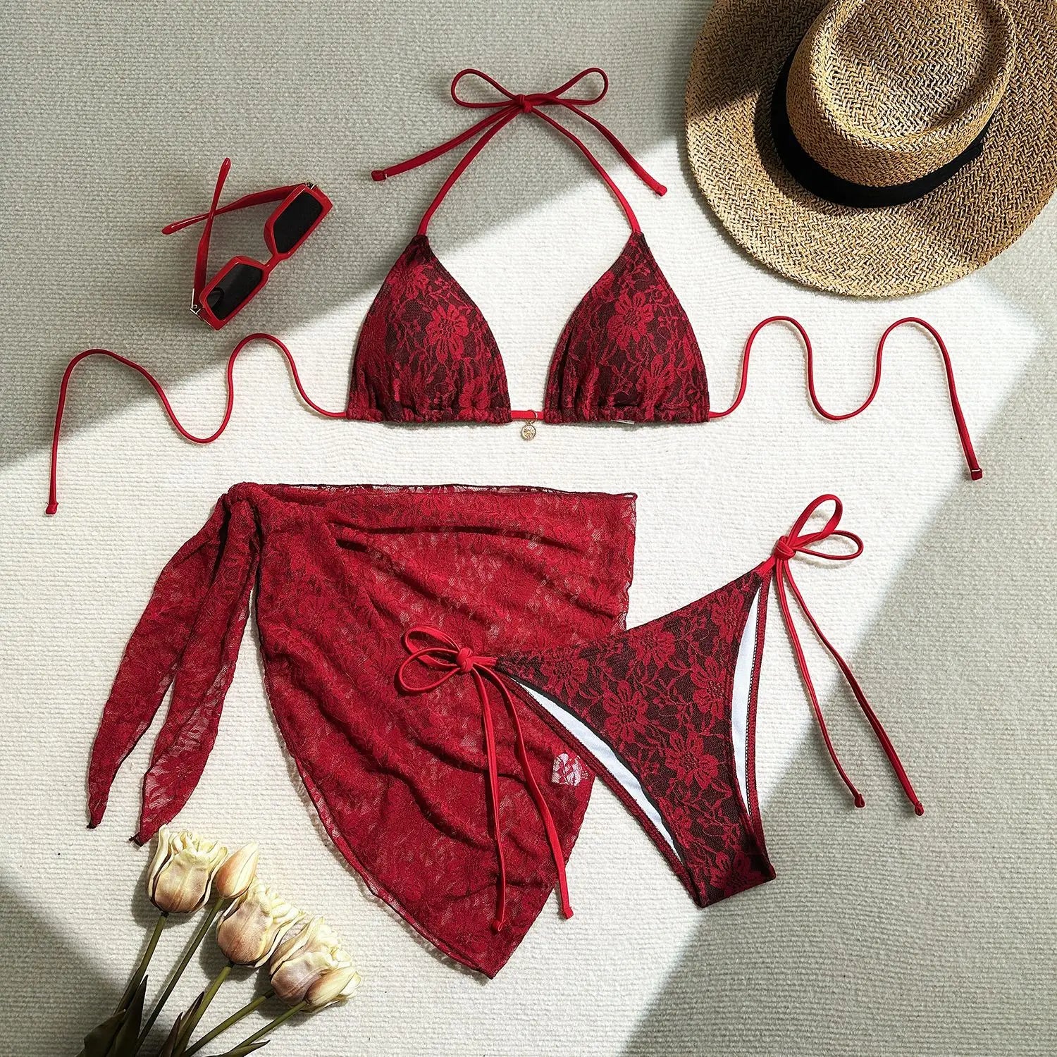 Lace Patchwork Bikinis Micro Thong Swimwear with Long Sleeve Cover Up Side Bandage Beach Bathing Suit Halter String Swimsuits