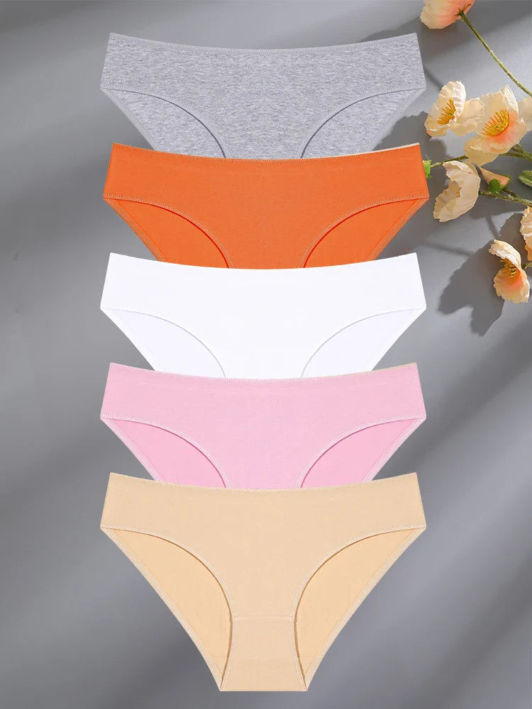 FINETOO 5PCS Set Women's Cotton Lingerie Panties S-XL Sexy Solid Color Underwear Briefs