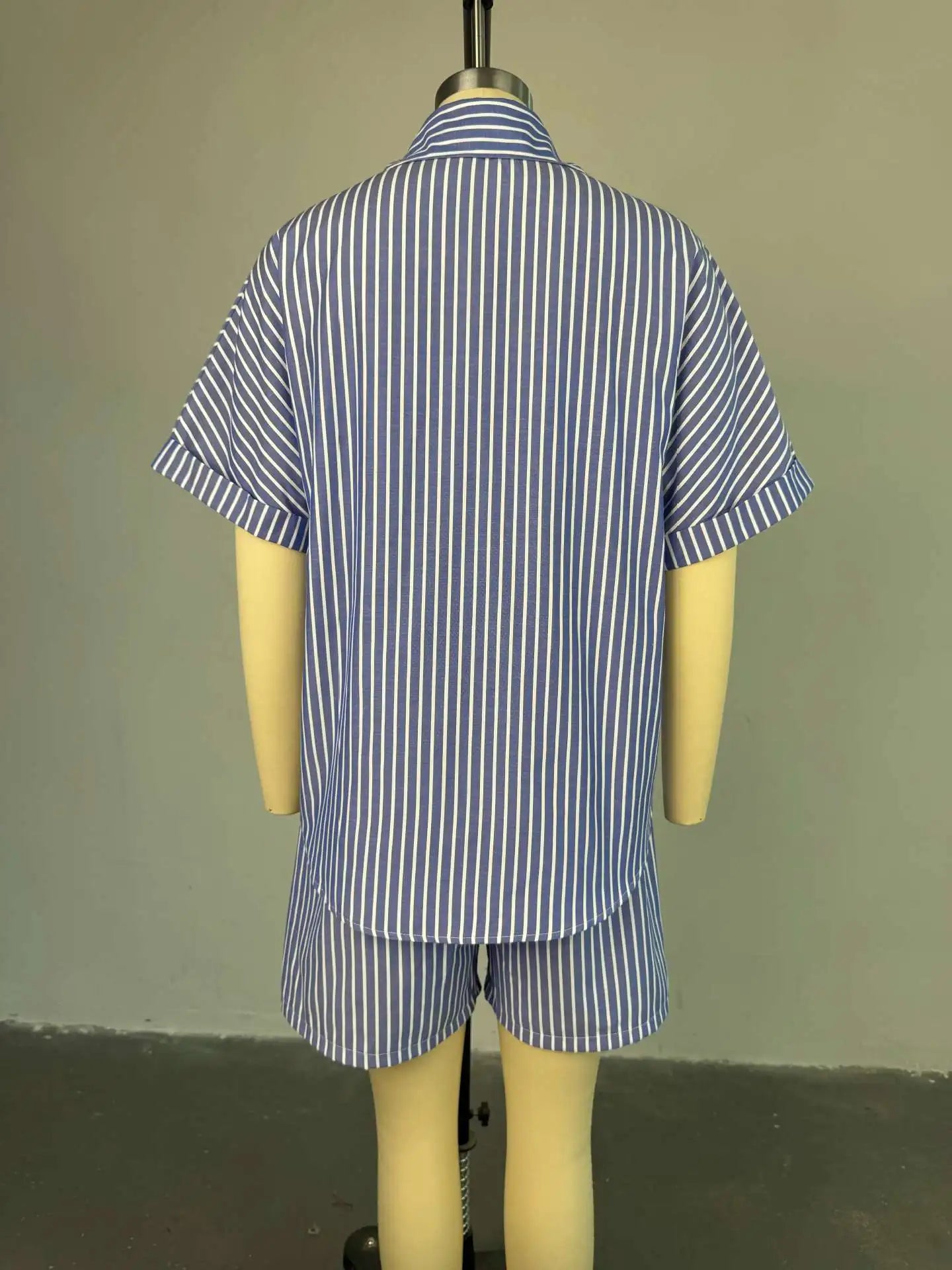 Fashion Striped Women's Set  Half Sleeve Turn-down T-shirt and Shorts Chic Two Piece Sets Outfit Tracksuit