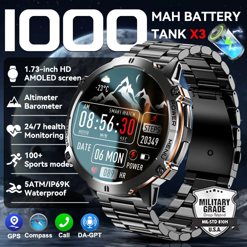 New TANK X3 1000mAh Large Battery Durable Adult Smart Watch GPS Compass Altimeter 5ATM Waterproof BT Call Sports Smartwatch Men