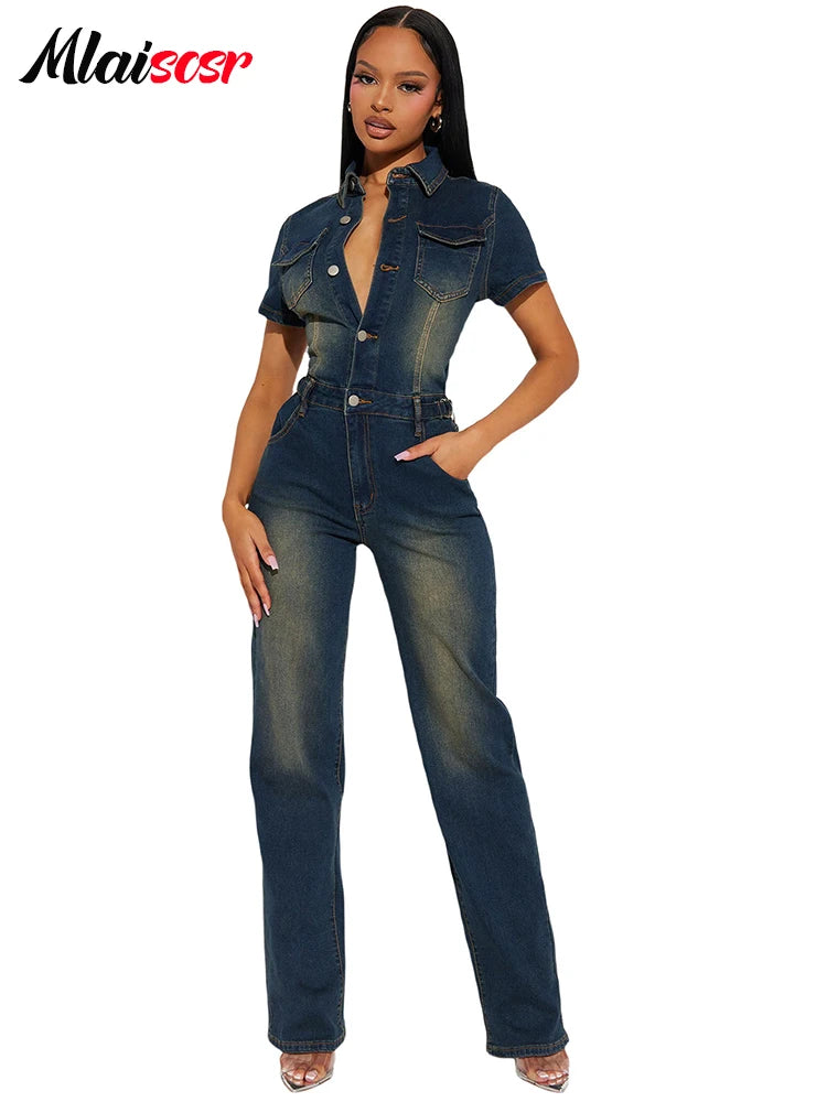 Mlaiscsr Stretch Denim One Piece Jumpsuits with Belt Women Clothes Winter Long Sleeve Lapel Washed Jean Romper Birthday Overalls