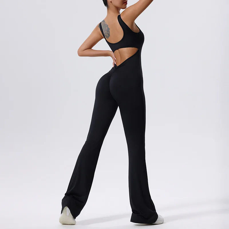 V Back Scrunch Gym Set Women Sport One-Piece Suit Yoga Suit Flared Pants Women Sports Jumpsuit Fitness Rompers Workout Bodysuits