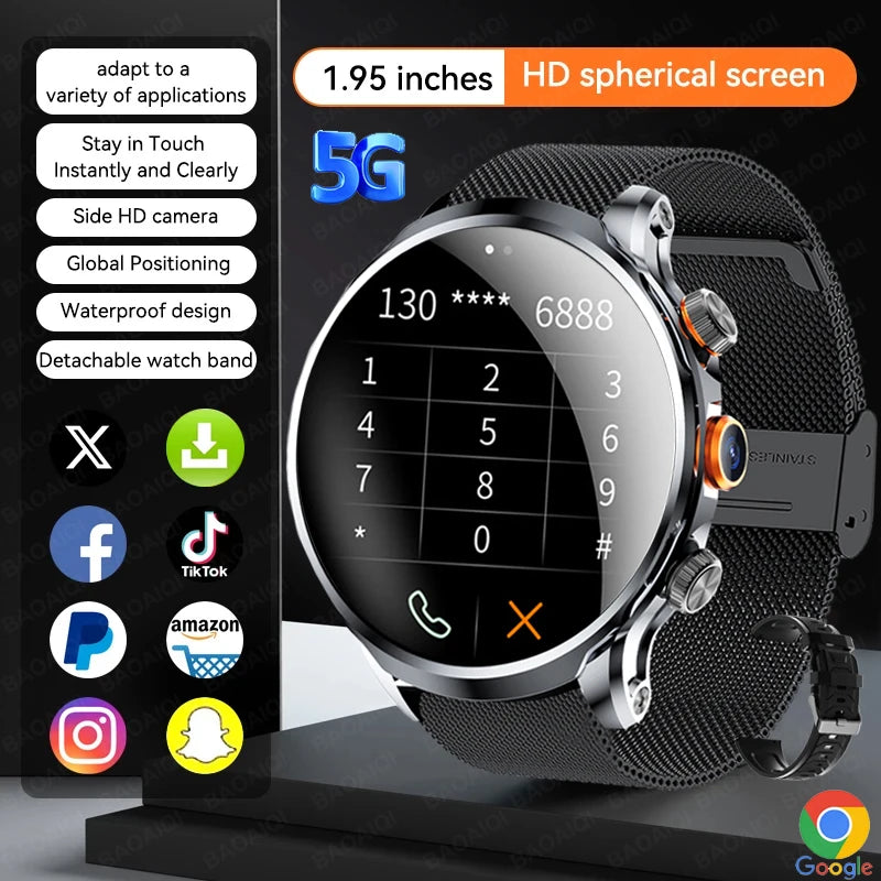 5G/4G Smart Watch 1.95 inch AMOLED 1100mah Battery 8GB+128GB RAM 500W Camera GPS WIFI Google APP Download Smartwatch Android 9.0