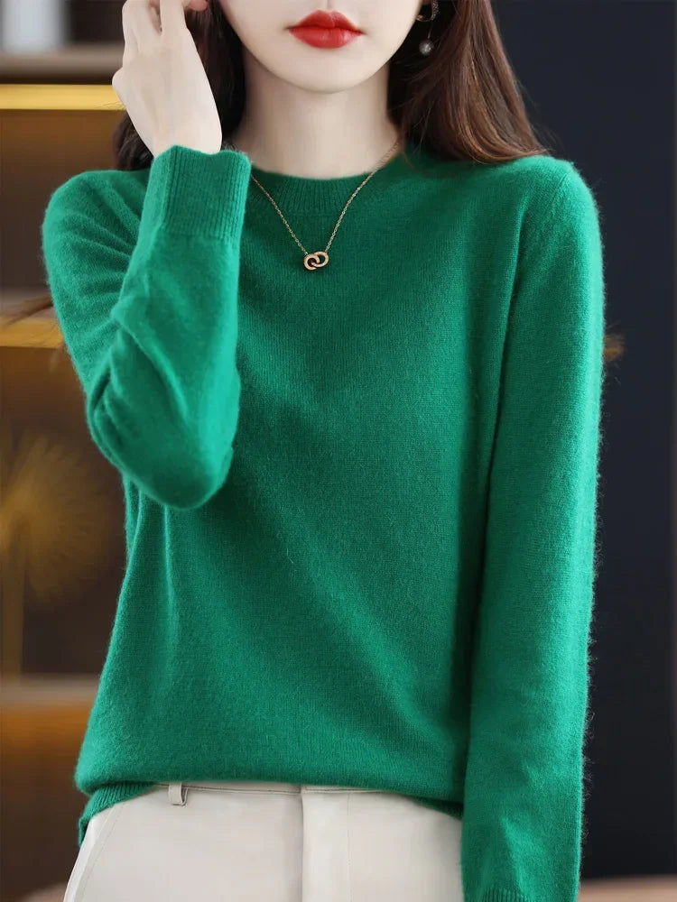 Fashion 100% Merino Wool Women's Sweater O-Neck Long Sleeve Pullover Spring Autumn Winter Basic Jumper Clothing Knitwear Tops