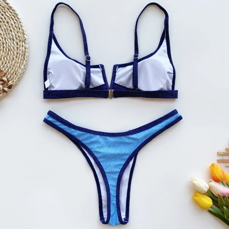 Splicing Denim V Shaped Thong Bikini Women Swimsuit Female Swimwear Two Pieces Bikini Set Bather Push Up Bathing Suit Swim Lady
