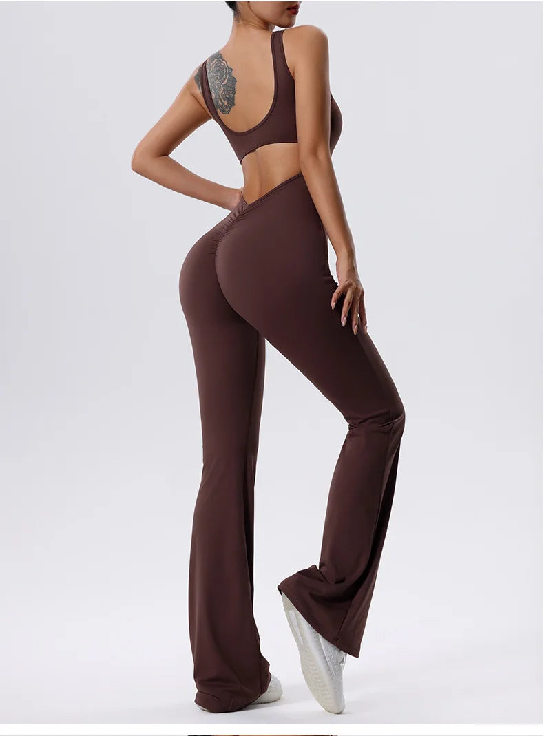 V Back Scrunch Gym Set Women Sport One-Piece Suit Yoga Suit Flared Pants Women Sports Jumpsuit Fitness Rompers Workout Bodysuits