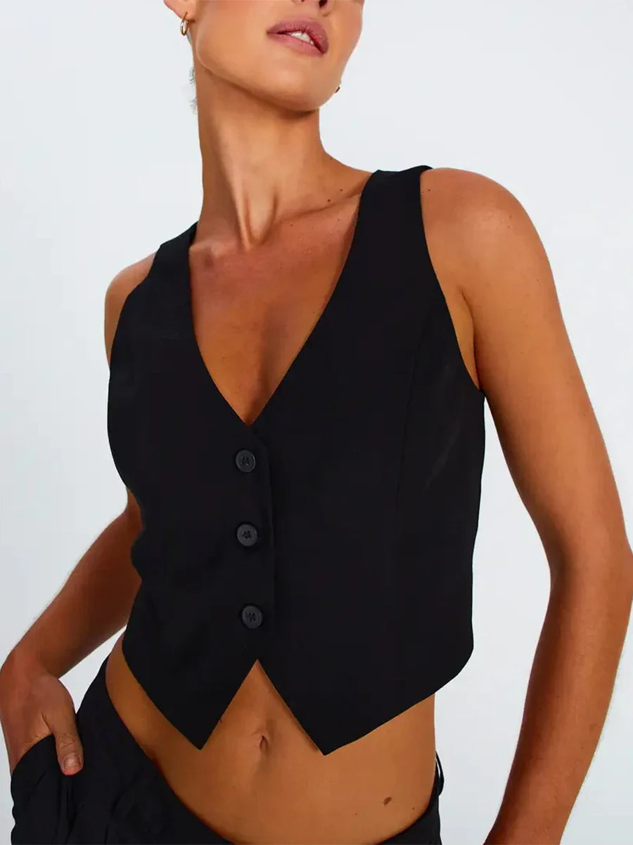 Women's Fashion Black Sleeveless Vests Casual V Neck Button Waistcoat Formal Business Tuxedo Shirt Slim Fit Cropped Blazer Vests