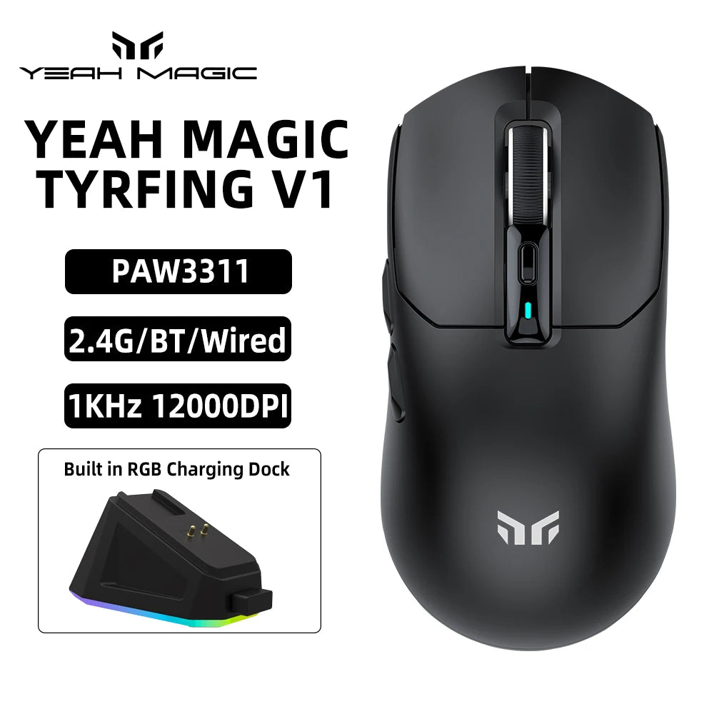 yeah magic V1 PAW3311 12000DPI 59g Wireless Gaming Mouse Right Handed Ergonomic Mouse with RGB Magnetic Screen Charging Base
